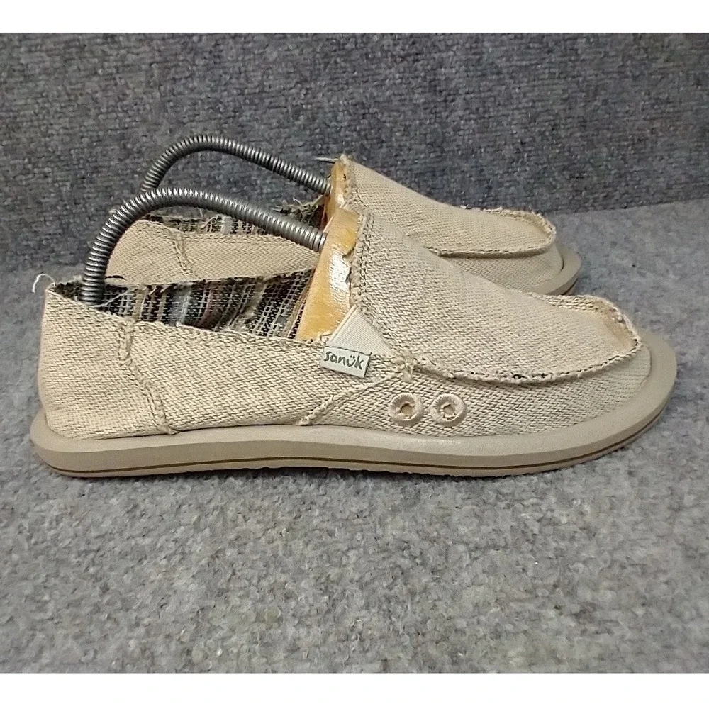 Sanuk Sideline Tan Khaki Canvas Slip On Loafers Mens 9 SWF1160 Casual Shoes